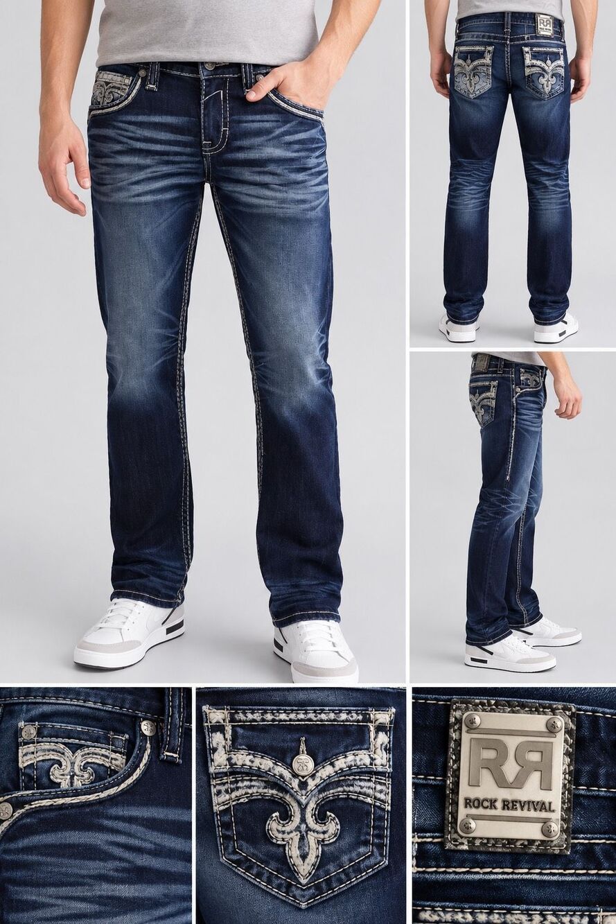 Rock Revival Kayden Straight Jeans Men’s 30 x 30 Dark Wash Embroidered Distresse